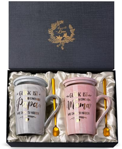Biching Eltern Geschenk Mama und Papa Tasse Geschenke für Werdende Eltern Spezielles Vater Mutter Geschenk für Jahrestag Hochzeitstag Geburtstag Muttertag Vatertag Elterntag 400ml Tasse Rosa und Grau