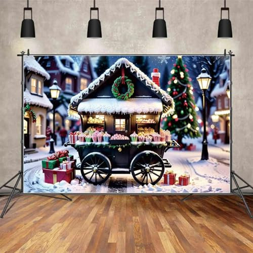 Kulisse Weihnachtsdorf Geschenk Süßigkeiten Karren Shop Baum Neuheiten Hintergrund Schnee Kinder Party Fotografie Requisiten