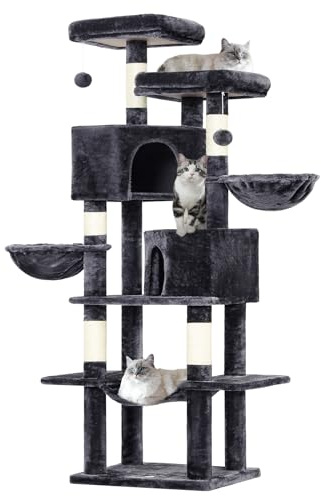 MSmask Kratzbaum groß, 180 cm hoch Katzenbaum mit Sisalstämmen, 2 Plattformen, 2 Katzenhöhlen, Korb, Hängematte, Stabiler Katzenkratzbaum, mehrstöckiger Kletterbaum für Katzen, Dunkelgrau