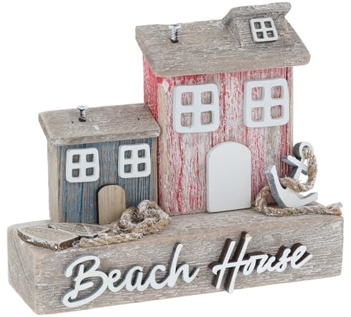 Shudehill Giftware Sandy Bay - Decorazione ornamentale per casa sulla spiaggia, design rustico a tema con faro, ancora, casa di tronchi e altro (due case sulla spiaggia)