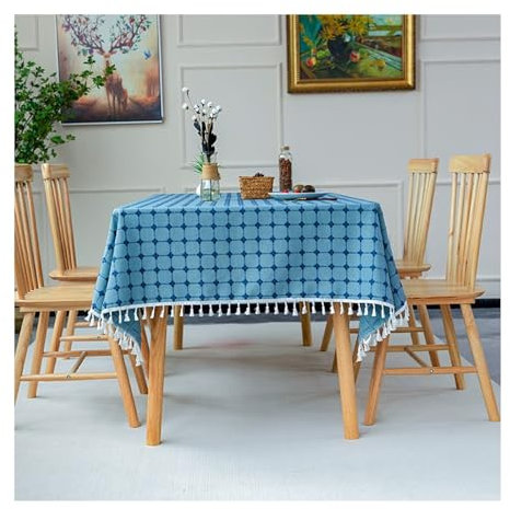 Epinki Tischdecken, Dunkelblau Tischtuch Kariert Muster mit Quaste Polyester, Tischtuch für Biertisch Wasserabweisend für Drinnen Draussen Garten Esszimmer Party und Festen, 140x200CM