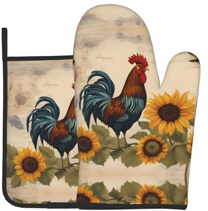 YYHWHJDE Set di 2 guanti da forno e presine vintage con immagine di gallo girasole utilizzati per aprire i coperchi delle pentole in cucina e per trasportare piatti da forni a microonde