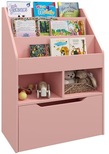HOMCOM Kinderbuchregal aus Holz mit 3 Fächern 2 Würfeln und mobiler Schublade mit 4 Rädern Kinderbuchregal für Kinderzimmer Spielzimmer 60x29,9x90 cm Rosa