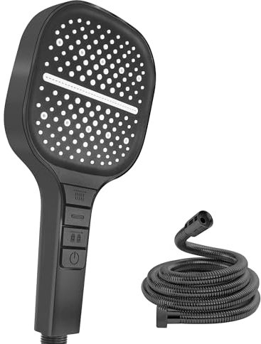 Alcachofa de ducha con manguera, 7 tipos de chorro, ahorro de agua, manguera de 1,5 m, 13 cm de grande, función antical, alta presión, cromo, negro