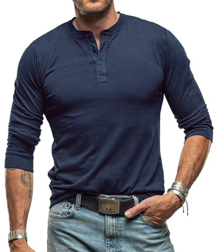 RQPYQF Maglietta da Uomo Manica Lunghe Casuale Henley T-Shirt Maglie a Manica Lunga Leggera Top vestibilità Regolare CS37 (Blu Reale, M)