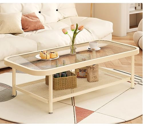 Moderner Couchtisch aus der Mitte des Jahrhunderts, 2-stöckig, mit Tischplatte aus gehärtetem Glas und Metallgitter-Regal für Wohnzimmer, kleine Räume, Weiß (119,4 x 50,8 x 40,6 cm)