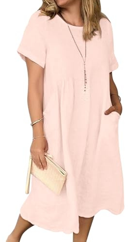 Sommarklänning damer, linneklänningar, ledig V-ringad midiklänning kortärmad, A-linjeformad klänning, strandklänning utan tillbehör, E rosa, XL