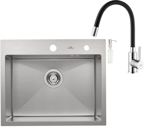 Auralum - Fregadero de acero inoxidable rectangular 55 x 45 cm + grifo flexible, para cocina, incluye dispensador de jabón y sifón, lavabo de cocina con 1 lavabo + grifo de cocina