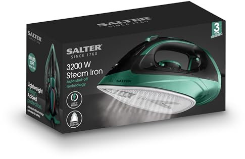 Salter 3200W Steam Iron – Traditional Garment Iron, Continuous Steam, 320ml Water Tank, Ceramic Non-Stick Soleplate, 3m Power Cord, Auto-Shut Off, Lightweight, 200g/min Steam Burst, SAL01621