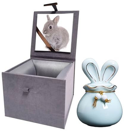 Urna de cerámica para cenizas para mascotas, urna de conejo, regalo conmemorativo, soporte para cenizas con caja de exhibición de fotos para mascotas pequeñas (azul, tamaño S, conejo)