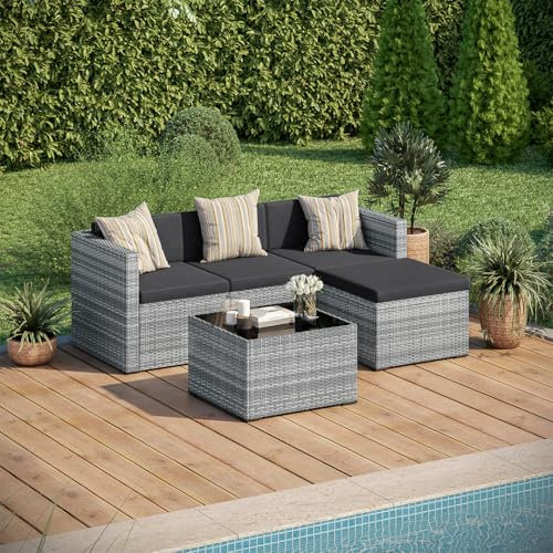 STEELSØN Polyrattan Gartenlounge Zethora, Outdoor Sitzgruppe 3-teilig, Gartenmöbel Set mit Sofa, Sessel, Hocker, Tisch, Sitzecke für bis zu 4 Personen, wetterfest, grau-meliert/anthrazit