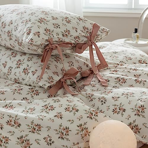 Pink Flower Pillowcases Set Cotton Kids Girls Floral Pillow Shams with Elegant Bow Ties Vintage Floral Bedding Pillow Covers Standard Chic Flower Botanical Pillowcases Room Decor, (2 Pieces, 20x36)