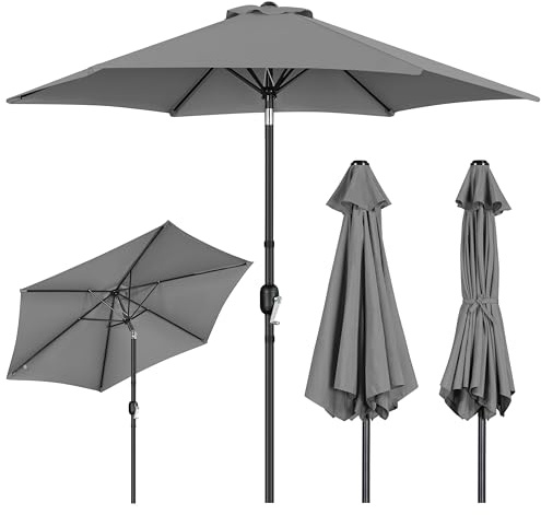 Yaheetech Sombrilla de Jardín con Manivela Inclinable Ø270x241cm Protección UV Columna de Hierro 6 Varillas de Metal para Terraza Exterior Balcón sin Soporte Gris