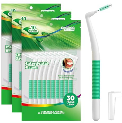 Annauiy Cepillo Interdental Angular 90°,Estándar, 30 Piezas,Verde, para Hueco de 0.8MM,Limpieza Interdental Eficaz, Eliminación de Placa e Hilo Dental para Espacios Medianos