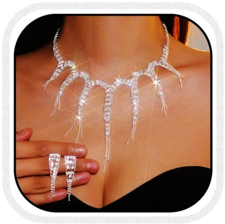 Evlry Rhinestone Jewelry Set Wedding Bridal Necklace and Earrings Sets Prom Costume Jewelry for Women and Brides (Silver)