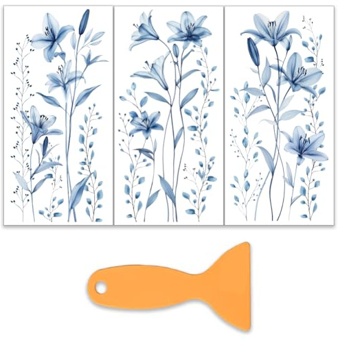 OLYCRAFT 3pcs/set décalcomanies à appliquer Lys Bleu artisanat 15x30cm Autocollants transferts Plante Transparente meubles Décalcomanie à appliquer avec 1 raclette fenêtre décoration intérieure