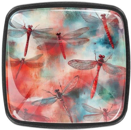 Red Dragonflies with Red Blue and Green Watercolor Paint Cabinet Knobs, 30mm Square Glass Knobs for Dressers and Drawers, Decorative Handles Pulls for Home Kitchen Bedroom, 4 Pack