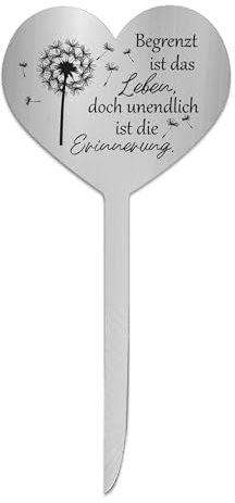 LUMOOM Placca per sepoltura in acciaio inox a forma di cuore, resistente alle intemperie, decorazione per tomba con scritta in lingua tedesca