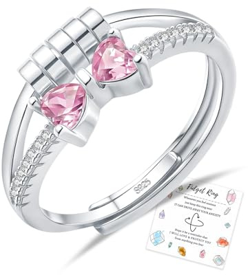 Fidget Rings for Anxiety Women, Sterling Silver Anxiety Ring Pink Birthstone Ring, Silver Fidget Rings for Women Girls, Pink Jewellery October Birthday Gifts Birthstone Gifts