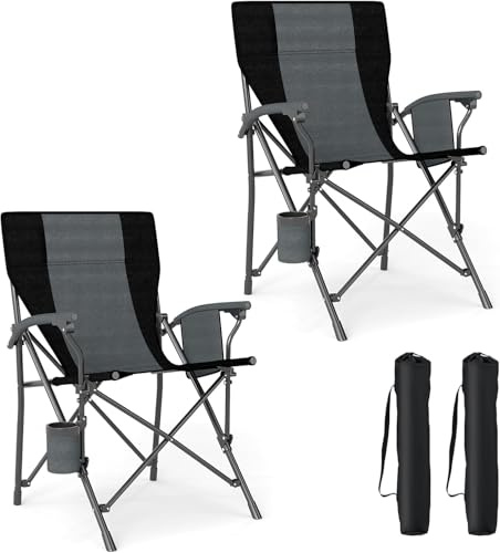 FANTASK 2-er Set Campingstuhl mit Becherhalter & Seitentasche, Klappstuhl Camping, Angelstuhl faltbar, 160 kg Tragfähigkeit, für Camping, Angeln, Picknick, Schwarz + Grau