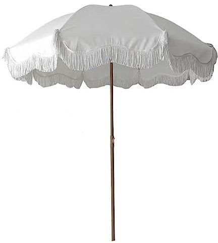 DLAZUM m Langer weißer Strandschirm mit Quaste, Terrassen-Gartenschirm mit Kippmechanismus, 8 Streben, UV-Schutz, für Pool/Hinterhof/Terrasse/Hof, ohne Standfuß