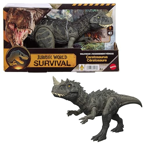 Mattel Jurassic World Wild Roar Ceratosaurus Dinosaur Action Figure Toy with Chomp Attack, Light Up Feature & Roar Sound, Scan Code for Digital Play