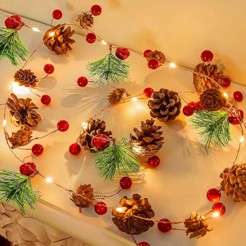 Marco Paul Christmas Garland with lights - 2m Metal Wire Garland with Separate 20 LED Warm White String Lights - Battery Operated Indoor Xmas Garland for Fireplace Mantel, Stair Bannister Decoration