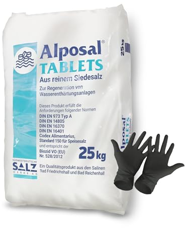 Alposal Salztabletten 25 kg Siedesalztabletten Regeneriersalz Enthärtersalz Poolsalz inklusiv 1 Paar ARNOMED Einweghandschuh