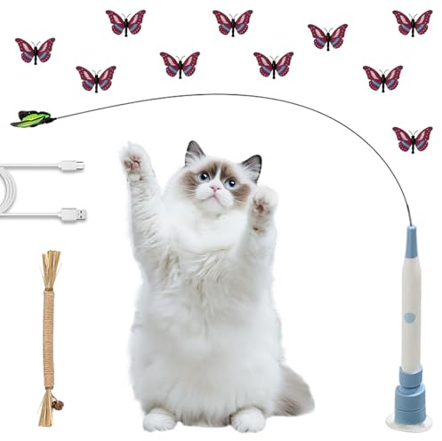 Flederi Electric Butterfly Toy for Active Cats,Cat Butterfly Toy with Butterflies and Suction Cup,Active Play,Happy Cat,Intelligent Stimulation,Indoor and Outdoor (Blaue Ladeanzeige,10 Schmetterlinge)