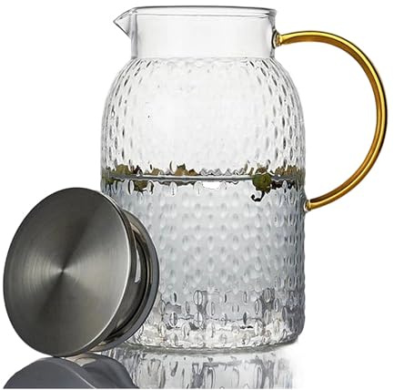 HONYUET Glaskaraffe mit Deckel 1,5L, Borosilikatglas Wasserkaraffe, Teekanne Glas Hammerschlag-Textur Goldgriff 304 Edelstahlfilter Siebeinsatz, Hitzebeständige Glaskanne, Für Heiß- und Kaltgetränke