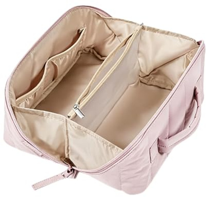 Kosmetiktasche Damen, Reise Kulturtasche Organizer Mit Fächern, Groß Mit Griff, wasserdichte Tragbarer Schminktasche, Cosmetic Bag Offene, Flache Kulturtasche Für Toilettenartikel, Pinsel (Rosa)