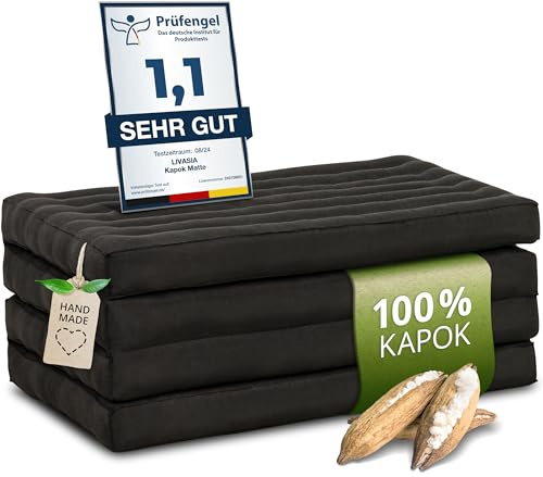 livasia Nachhaltige Klappmatratze aus Kapok - 200x80x8cm - Gästematratze, Faltbare Matratze einfarbig, ökologische Yogamatte, klappbares Gästebett, Liege Garten Balkon (Schwarz Uni)