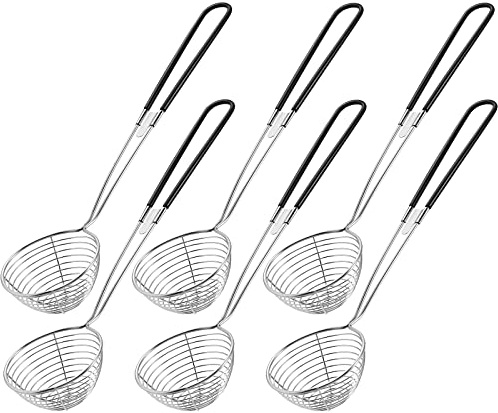 Geiserailie 6 Pieces Hot Pot Kit Strainer Scoops Stainless Steel 2.5 Inch Mini Spider Strainer Skimmer Pasta Mesh Spoon Asian Skimmer Spoon Ladle with Handle for Home (Black)