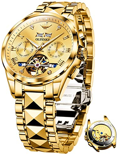 Oupinke Schweizer Marke Automatikuhr für Herren, selbstaufziehend, Tourbillon, mechanisch, Business, luxuriös, wasserdicht, leuchtend, Saphir-Kristall, goldfarbenes Zifferblatt, Armband