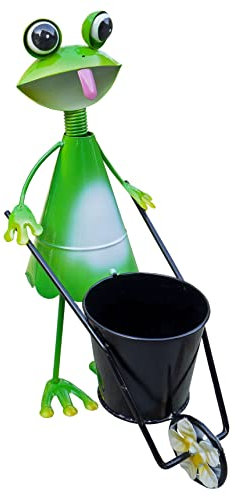 Ablerhome Decor Frog with Wheelbarrow Plant Pot Ornament Animal Garden Sculpture Flower Planter Ornament Indoor Outoor 0.5 Litres (Green Frog)