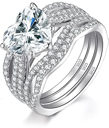 JewelryPalace Set Anillo Compromiso Mujer 3ct Circonita Corte Corazón, Solitario Anillo Apilable Plata de Ley 925, Anillo Promesa Amor Diamante Simulado, Banda de Boda Plata Eternity Conjunto Novia 17