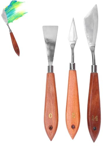 Juego de cuchillos de pintura de 3 piezas, raspador de mezcla de pintura con mango de madera Espátula de arte de pintura de acero inoxidable Herramientas de cuchillo de paleta de aceite