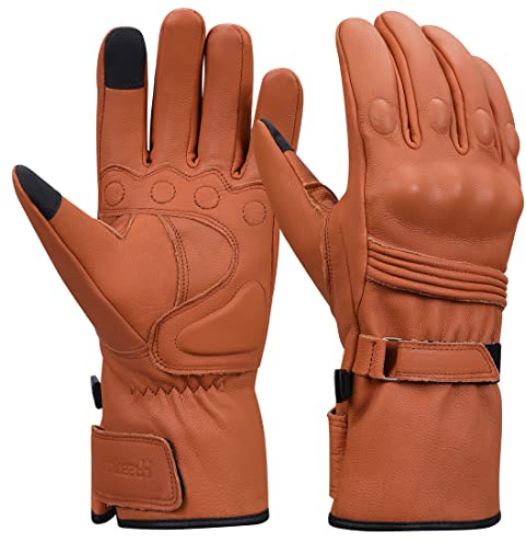 Harssidanzar Gants de Motocyclette d'hiver pour Hommes,écran Tactile en Cuir à Doigts Entiers Doublure Isolante Thermique Mince Gants de Motocyclette étanches KM048,Bronzer,Taille L