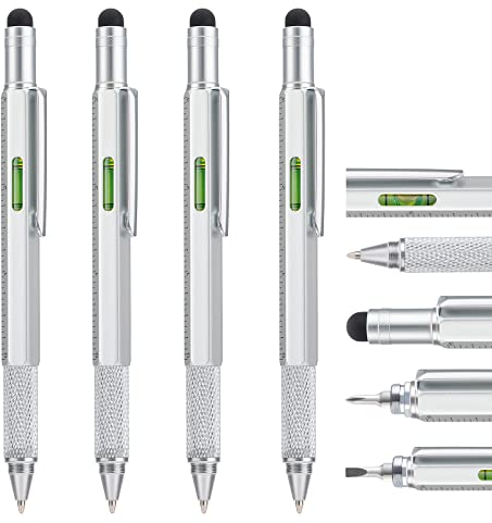 4 Stücke Multitool Pen Stift mit Extra Nachfüll, 6-in-1 Werkzeug mit Lineal & Levelgauge, Multifunktionale Metall Kugelschreiber, Cool Gadget für Männer, Geschenk für Mann Papa Vater Freund (Silber)
