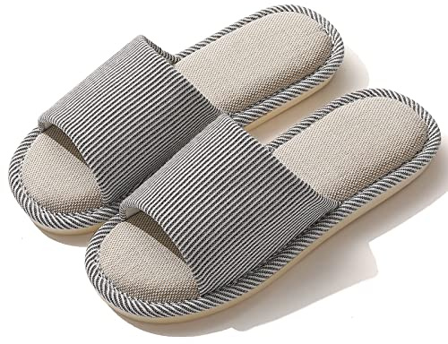 JIJIe Pantoufles en lin à bout ouvert pour femme et homme - Sandales d'été pour intérieur et extérieur, café, 39.5/41 EU
