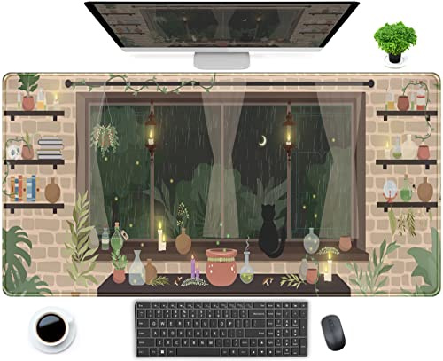 Niedliche Anime-Schreibtischunterlage, Kawaii, Regennacht, Mondlicht, Hexe, XXL, großes erweitertes Gaming-Mauspad, XXL, lange Tastatur-Mauspad, Schreibtischunterlage 80 x 40 cm, dekorative