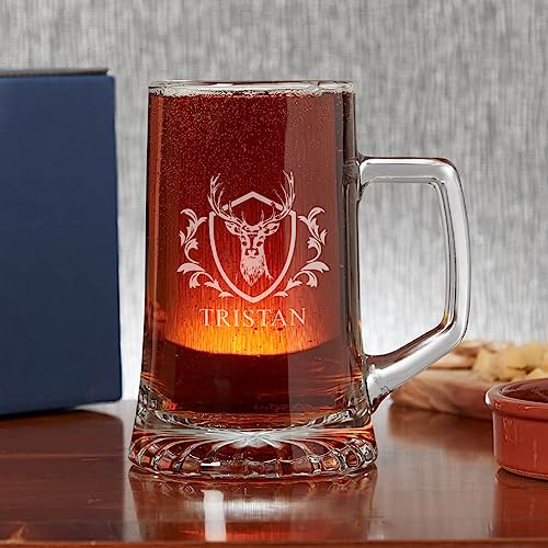 BGExpress Personalised Engraved Glass Beer Mug - Personalised Glass Beer Pint Glass Tankard in Stag Crest Design Gifts for Husband Boyfriend Birthday Dad Laser Engraving, Dishwasher Safe