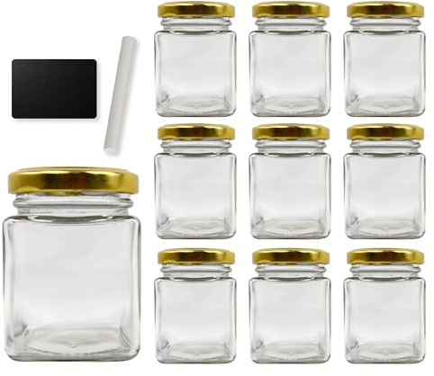 Espirito Rebelde 10 vasetti di vetro quadrato per spezie, 150 ml, con coperchio + 10 ardesie + gesso, barattoli portaoggetti da cucina, spezie, marmellata, yogurt