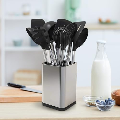 LIFEDYLUK Portautensili da Cucina, Contenitore per Utensili, in Acciaio Inox, con Scarico, Organizer per Utensili, Scolapiatti Rimovibile (Argento)