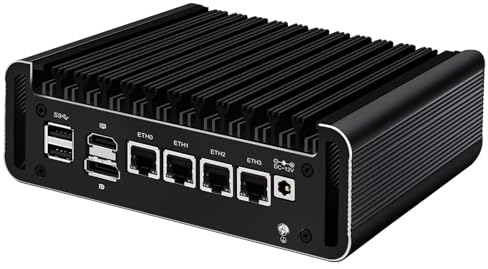 AIOPCWA Micro Firewall Appliance, 12th Gen N100 Fanless Mini PC, 4 x 2.5GbE i226V LAN Ports, Support Windows OPNsense, Router PC, AES-NI, TF, Type-C, DDR5 16GB RAM 256GB SSD
