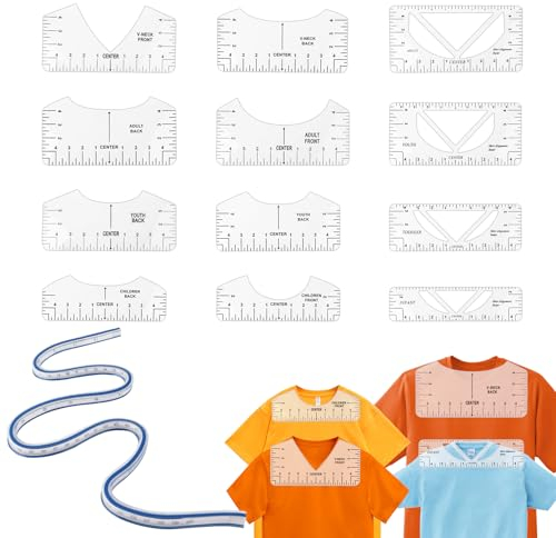 Joaecosmhui T-Shirt Ausrichtungslineal, DIY T-Shirt Lineal Nähen, 12 Stücke T-Shirt Zentrierung Werkzeug + 1 Stück Flexibles Kurvenlineal 60cm, Schneiderlineal Maß Werkzeug für Kleiderdesign (PVC)
