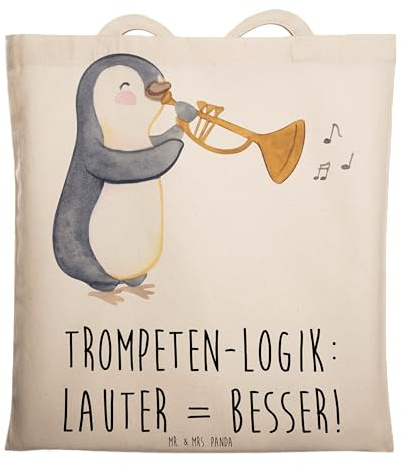 Mr. & Mrs. Panda Tote Bag Trompeten Weisheit - Geschenk, Blasinstrumente, Instrument lernen, laut, Einkaufstasche, Musikinstrumente, Tasche, Jutebeutel, jazzig, Laptoptasche, Trompeter, Büchertasche