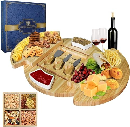 Louis Donné Bamboo Cheese Board and Knife Set, 100% Organic Wood Drawer Platter Charcuterie Tray, Large Thick Cheese board and knife set for Birthday/Wedding Housewarming Gifts Cheese Fruit