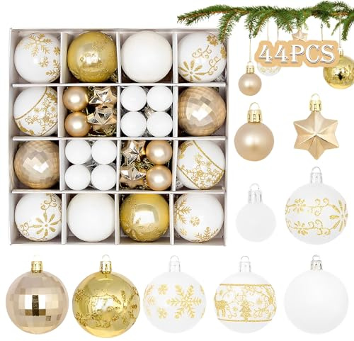 Set di 44 decorazioni natalizie in oro bianco, Ø6/4.3/3cm con gancio, decorazioni in plastica per l'albero di Natale, festa di Natale e regali