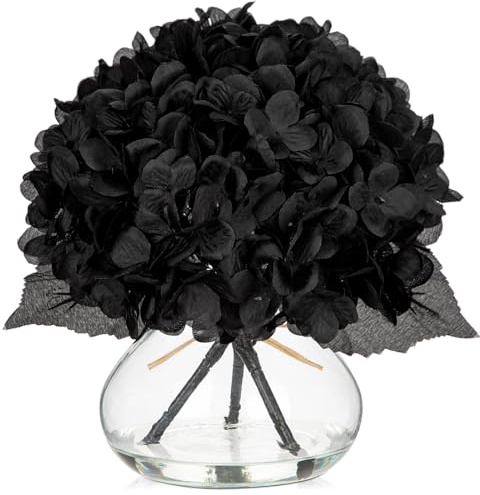 Oairse Fleurs artificielles d'hortensia avec vase en verre - Arrangements de fleurs artificielles en soie noire dans un vase avec fausse eau - Bouquet floral en vrac pour décoration d'intérieur